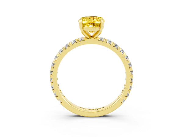 Yellow gold Oval Cut Yellow Sapphire Pavé Solitaire Ring with Round Band and Prong Setting