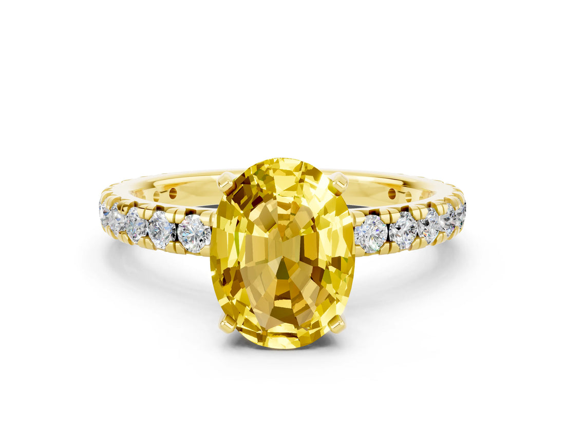 Yellow gold Oval Cut Yellow Sapphire Pavé Solitaire Ring with Round Band and Prong Setting_24