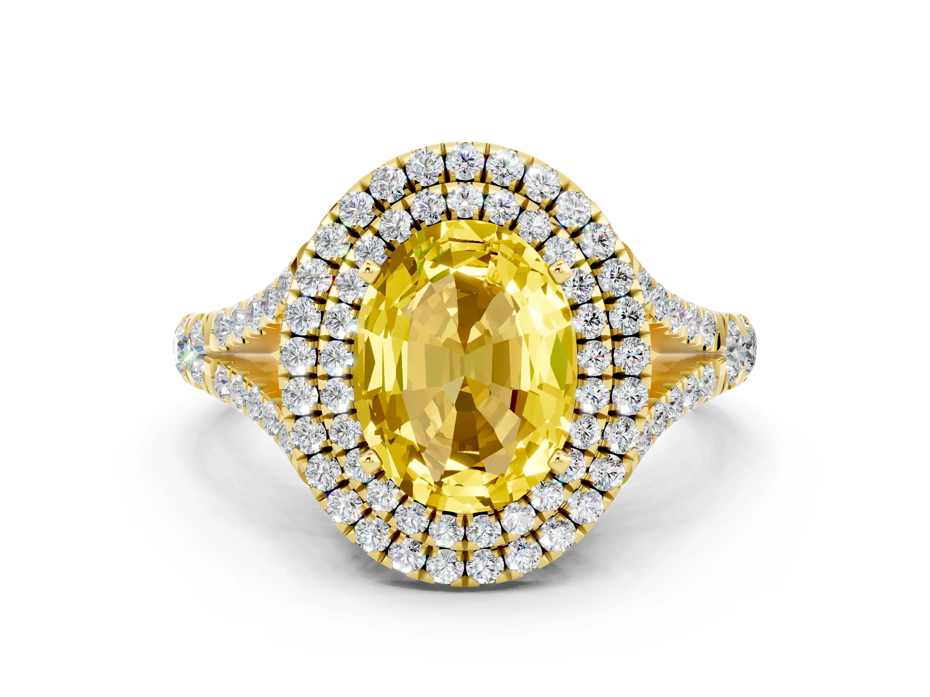 Yellow gold Oval Cut Yellow Sapphire Pavé Split Shank Double Halo Engagement Ring