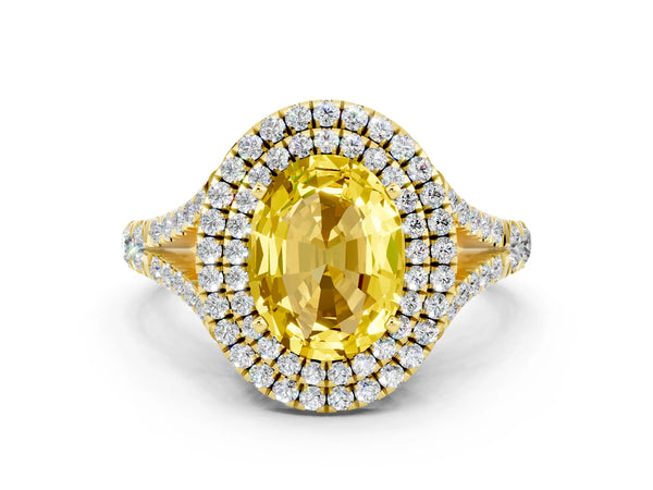 Yellow gold Oval Cut Yellow Sapphire Pavé Split Shank Double Halo Engagement Ring