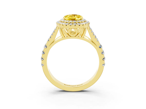 Yellow gold Oval Cut Yellow Sapphire Pavé Split Shank Double Halo Engagement Ring
