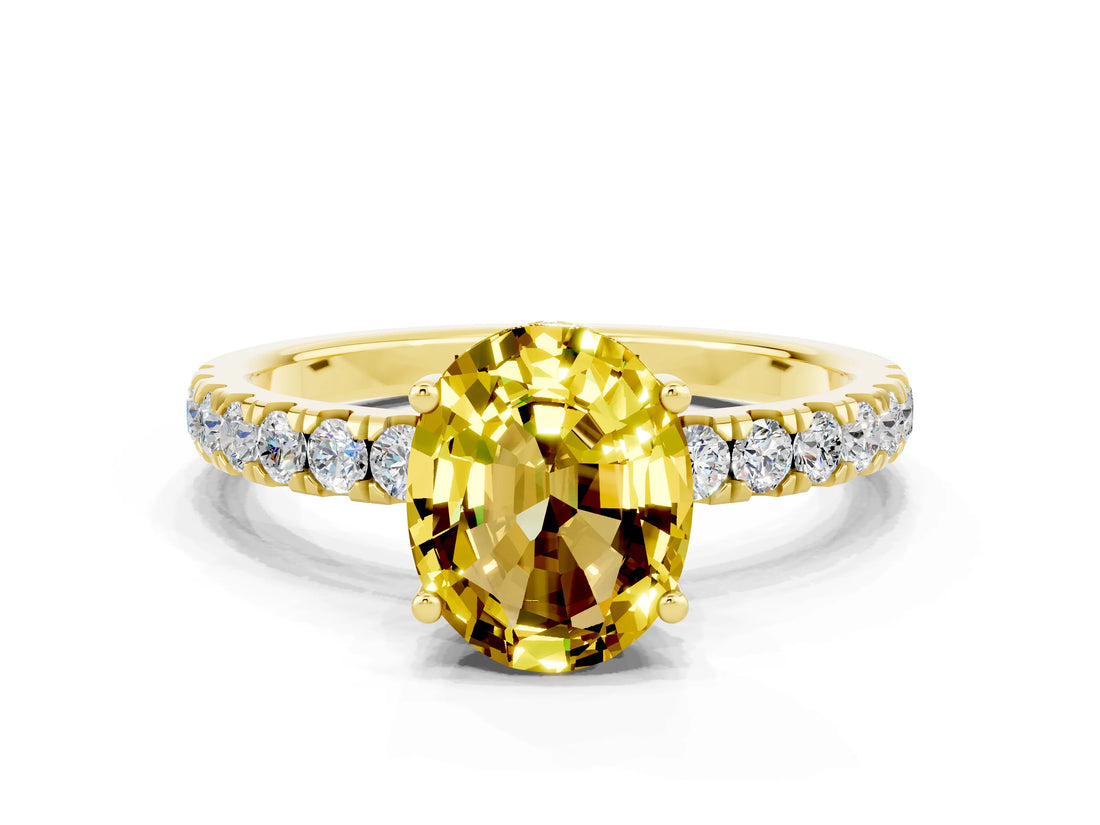 Yellow gold Oval Cut Yellow Sapphire Pave Band Solitaire Ring with Four-Prong Setting_60