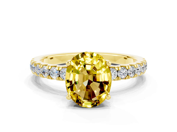 Yellow gold Oval Cut Yellow Sapphire Pave Band Solitaire Ring with Round  and Prong Setting