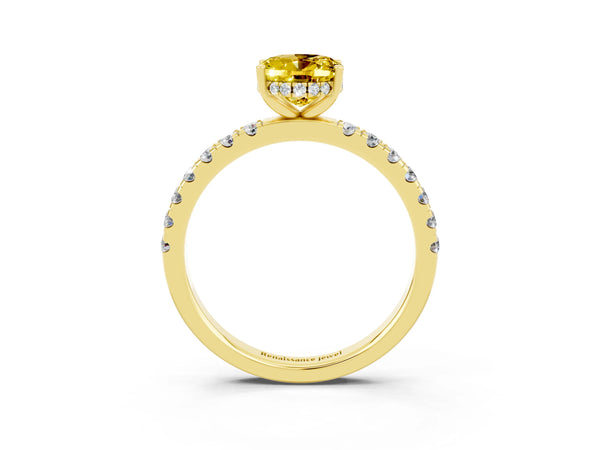 Yellow gold Oval Cut Yellow Sapphire Pave Band Solitaire Ring with Round  and Prong Setting