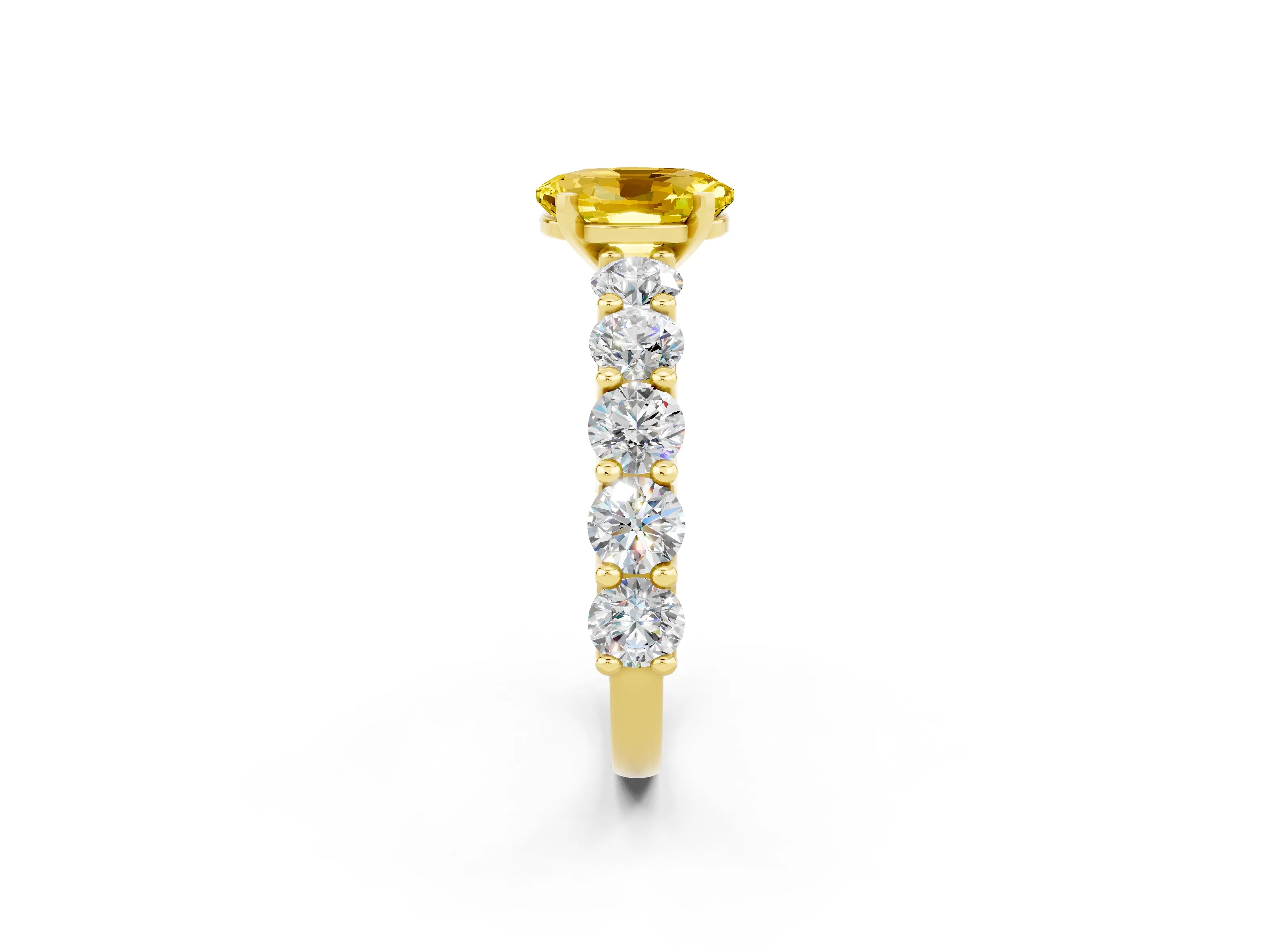 Yellow gold Oval Cut Yellow Sapphire Prong Setting with Side Stones on a Pave Band_26