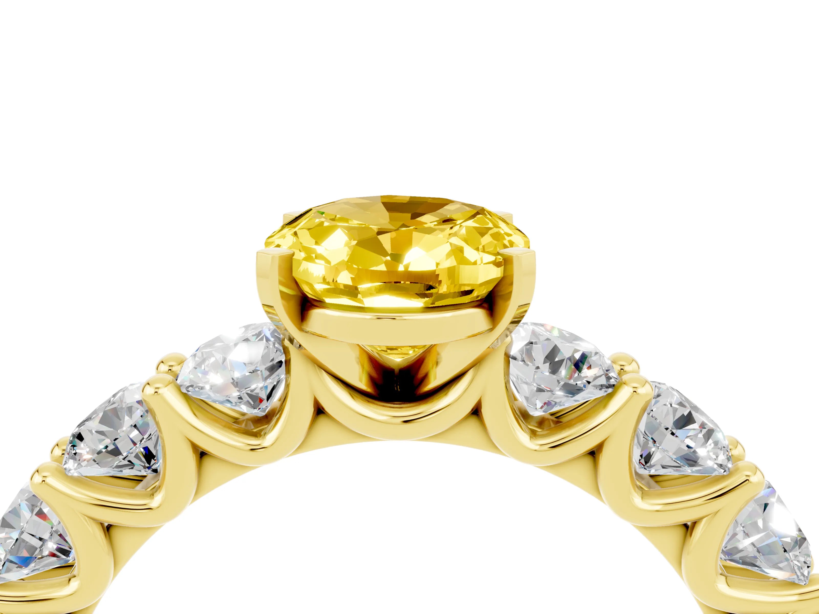 Yellow gold Oval Cut Yellow Sapphire Prong Setting with Side Stones on a Pave Band_28