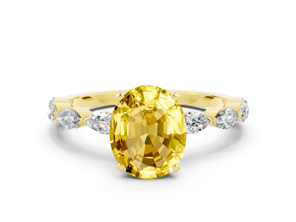 Yellow gold Oval Cut Yellow Sapphire Ring with Marquise Side Stones and Prong Setting