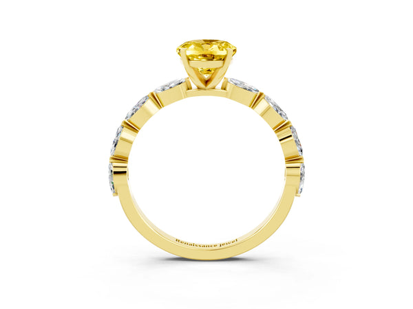 Yellow gold Oval Cut Yellow Sapphire Ring with Marquise Side Stones and Prong Setting