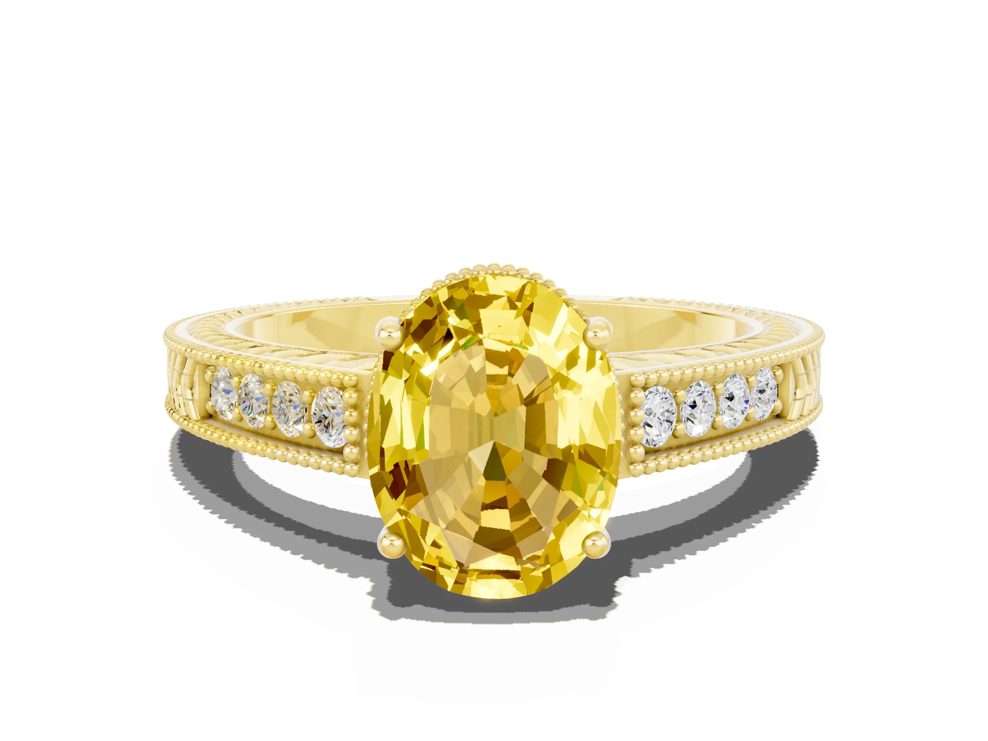 Yellow gold Oval Cut Yellow Sapphire Ring with Milgrain Pavé Band and Four-Prong Setting_36