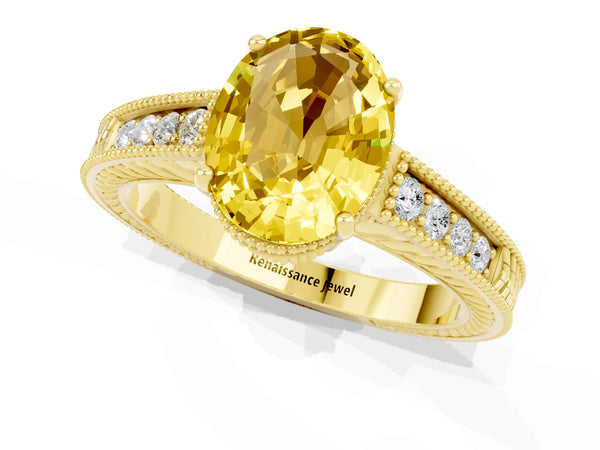 Yellow gold Oval Cut Yellow Sapphire Ring with Milgrain Pavé Band and Four-Prong Setting