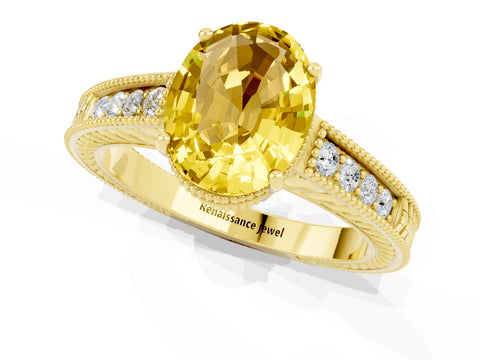 Yellow gold Oval Cut Yellow Sapphire Ring with Milgrain Pavé Band and Four-Prong Setting_37