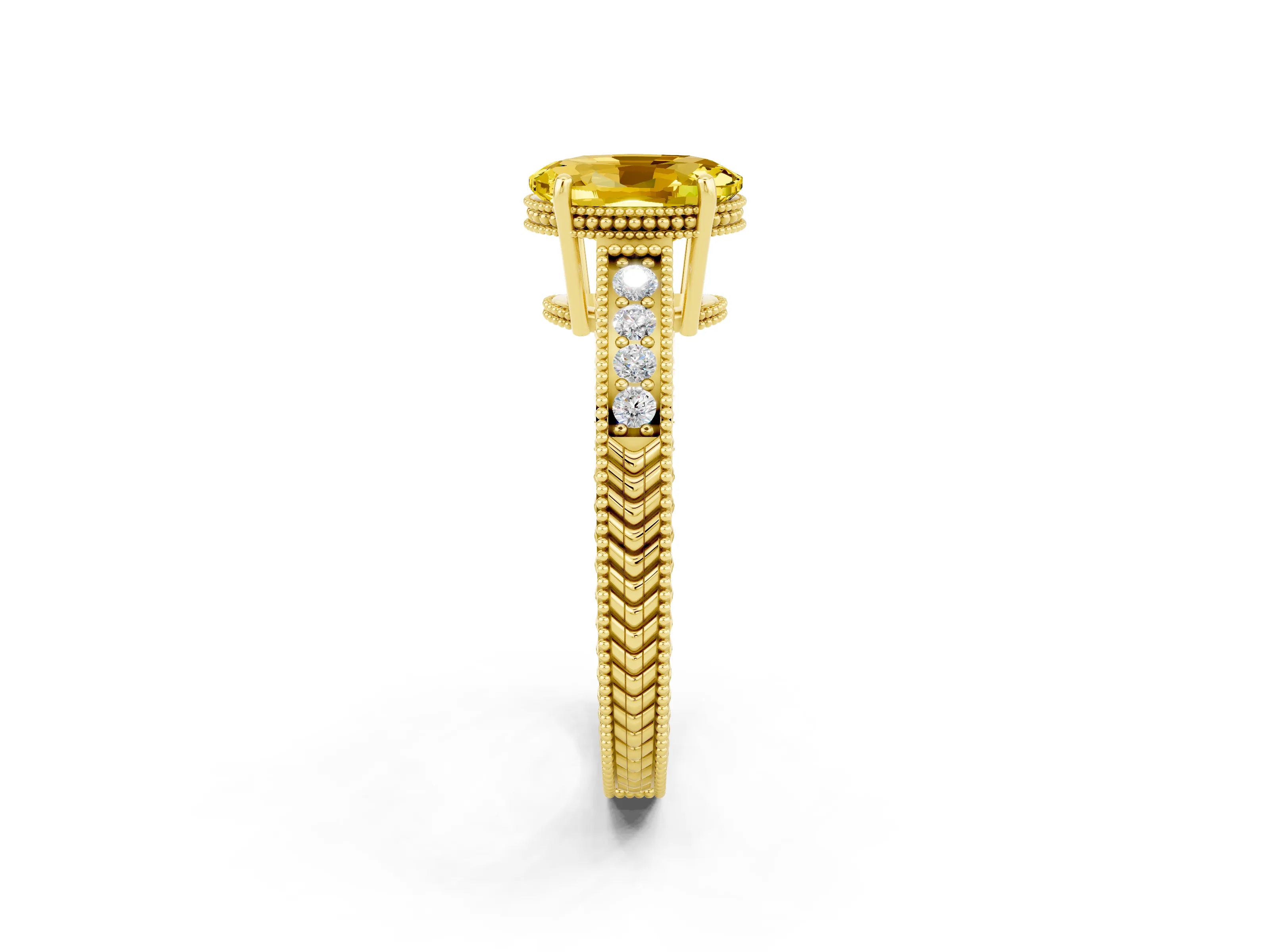 Yellow gold Oval Cut Yellow Sapphire Ring with Milgrain Pavé Band and Four-Prong Setting_38