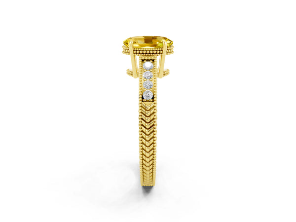 Yellow gold Oval Cut Yellow Sapphire Ring with Milgrain Pavé Band and Four-Prong Setting