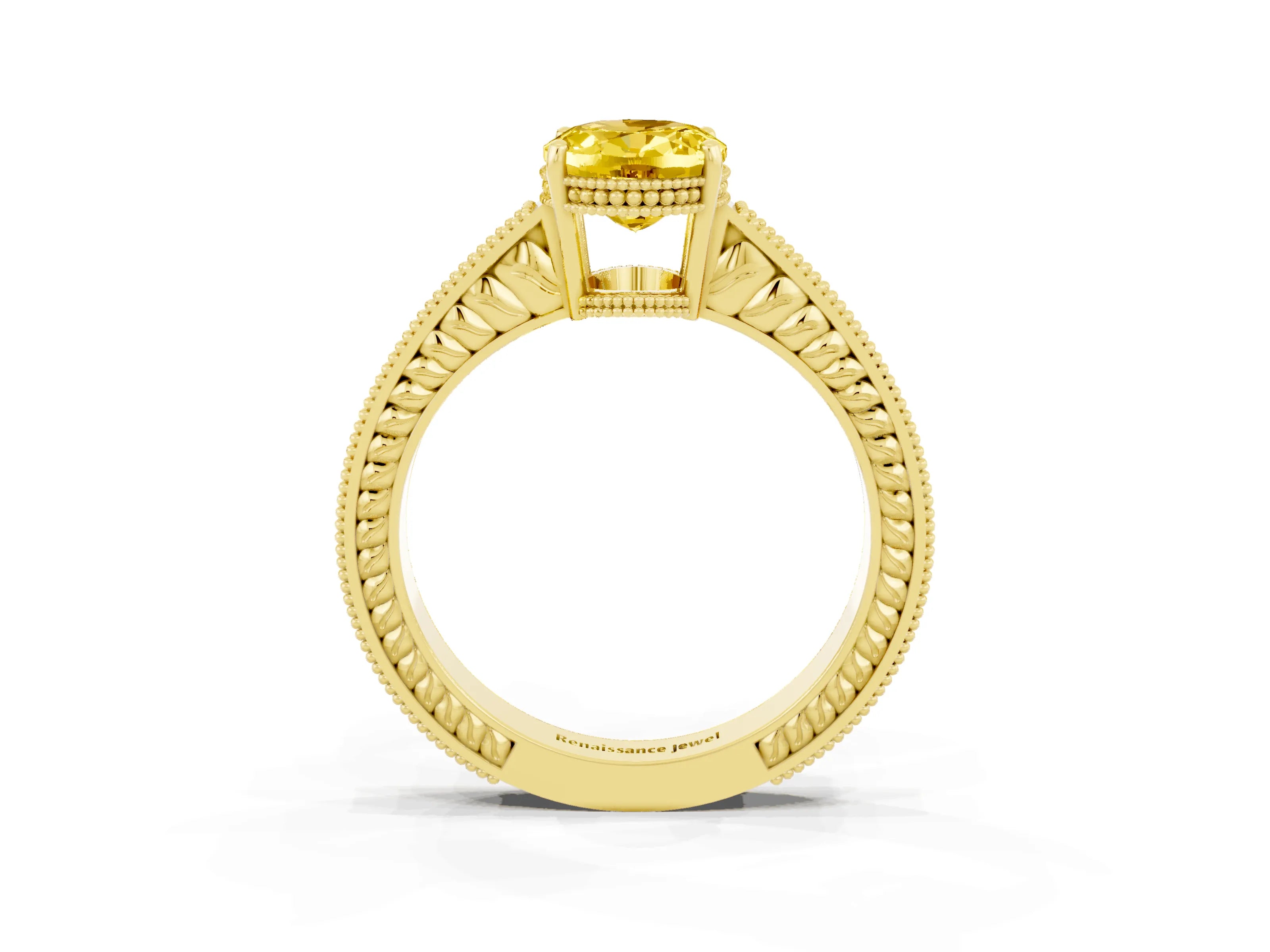 Yellow gold Oval Cut Yellow Sapphire Ring with Milgrain Pavé Band and Four-Prong Setting_39