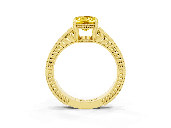 Yellow gold Oval Cut Yellow Sapphire Ring with Milgrain Pavé Band and Four-Prong Setting