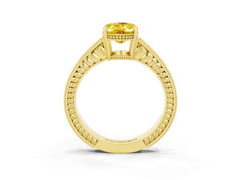 Yellow gold Oval Cut Yellow Sapphire Ring with Milgrain Pavé Band and Four-Prong Setting_39