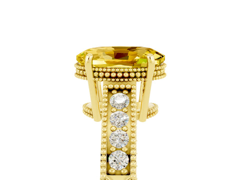 Yellow gold Oval Cut Yellow Sapphire Ring with Milgrain Pavé Band and Four-Prong Setting_41