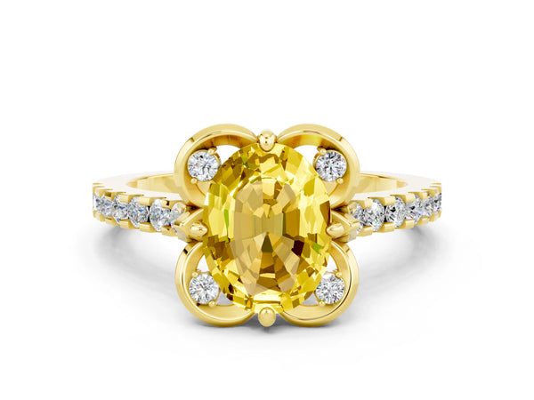 Yellow gold Oval Cut Yellow Sapphire Ring with Pavé Band and Floral Prong Setting