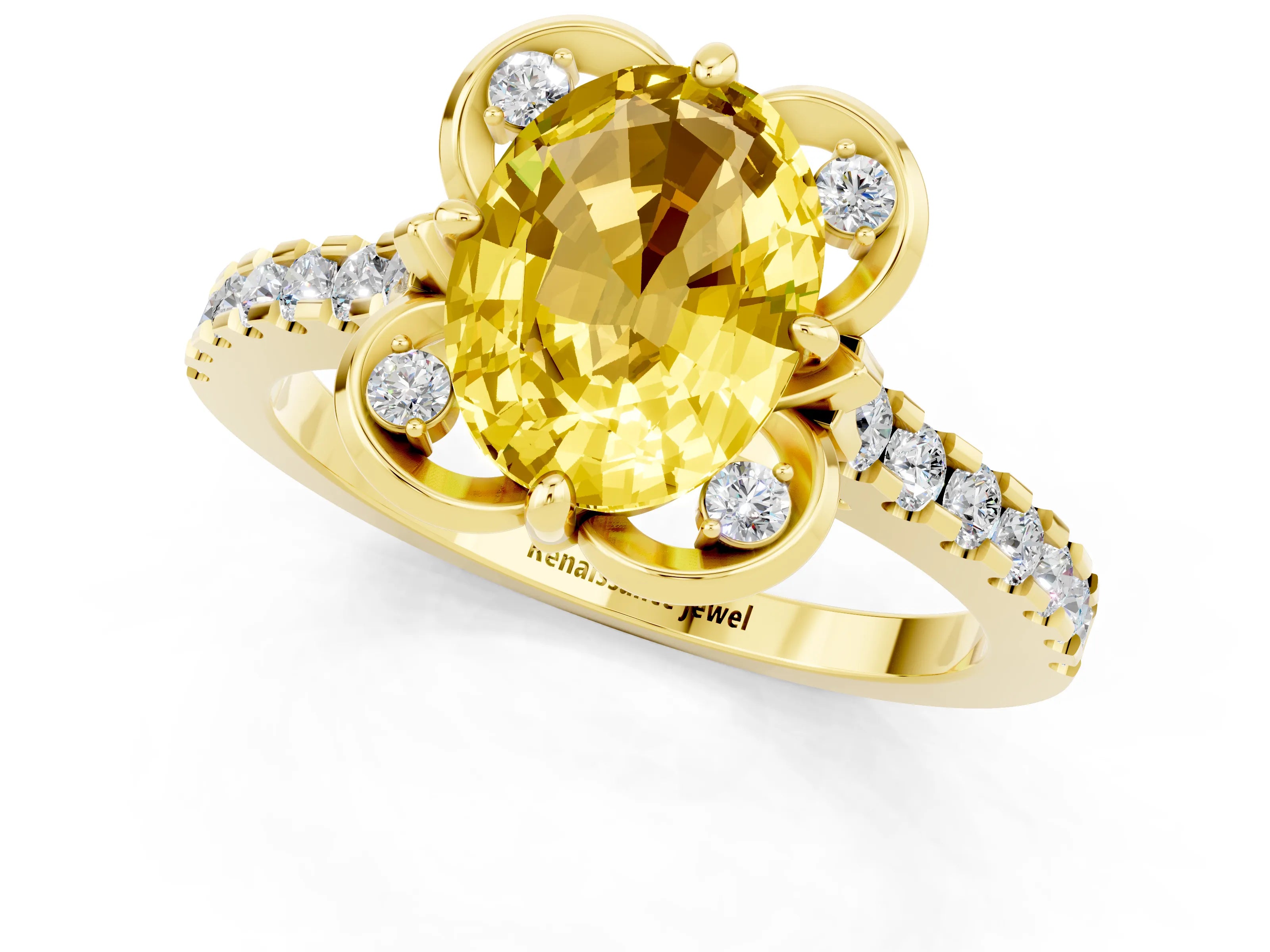 Yellow gold Oval Cut Yellow Sapphire Ring with Pavé Band and Floral Prong Setting_1