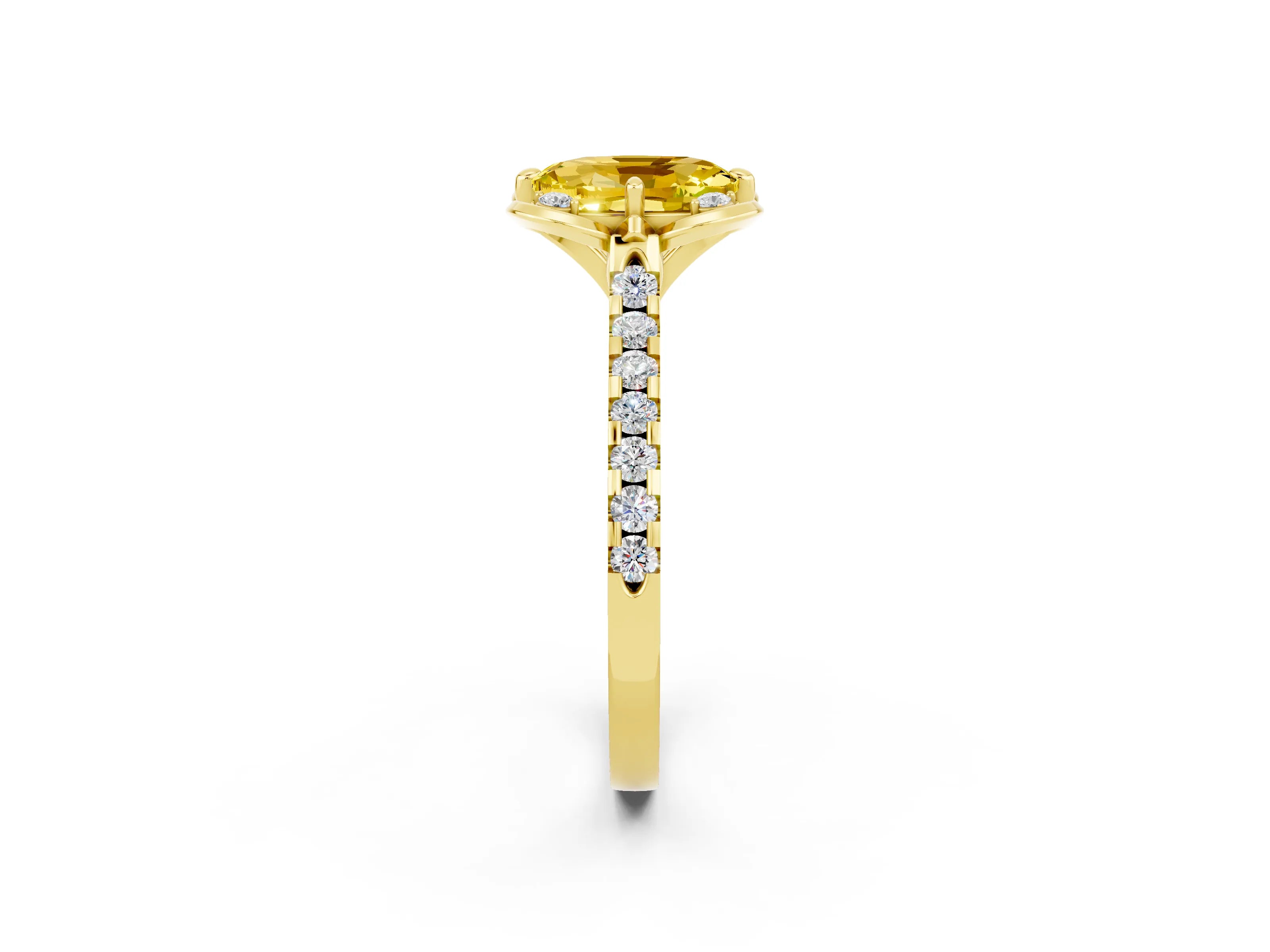 Yellow gold Oval Cut Yellow Sapphire Ring with Pavé Band and Floral Prong Setting_2