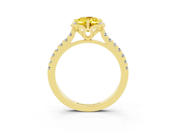 Yellow gold Oval Cut Yellow Sapphire Ring with Pavé Band and Floral Prong Setting