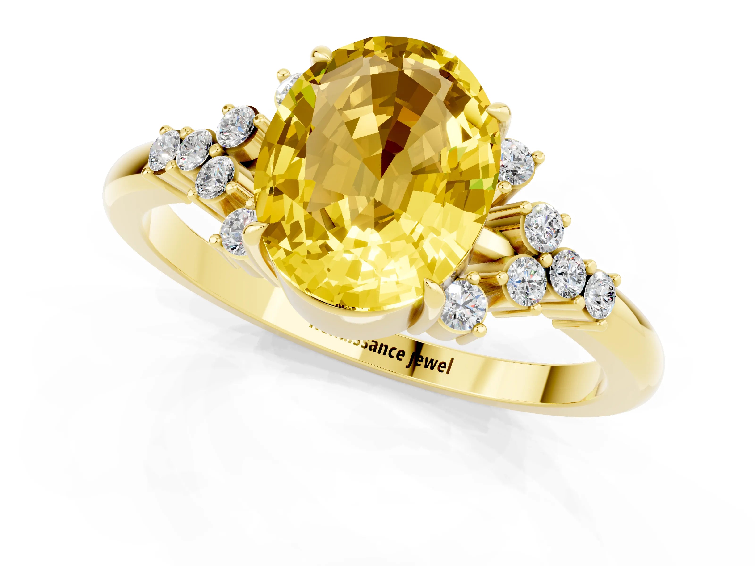 Yellow gold Oval Cut Yellow Sapphire Ring with Side Stones and Four-Prong Setting_97