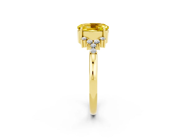 Yellow gold Oval Cut Yellow Sapphire Ring with Side Stones and Four-Prong Setting