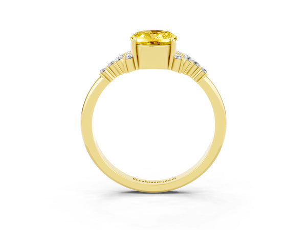 Yellow gold Oval Cut Yellow Sapphire Ring with Side Stones and Four-Prong Setting