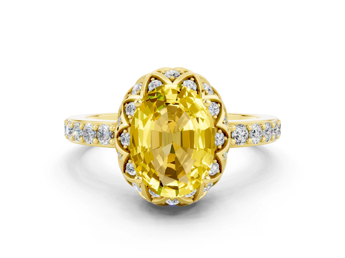 Yellow gold Oval Cut Yellow Sapphire Scalloped Halo Engagement Ring with Round Shared Prong Band_12