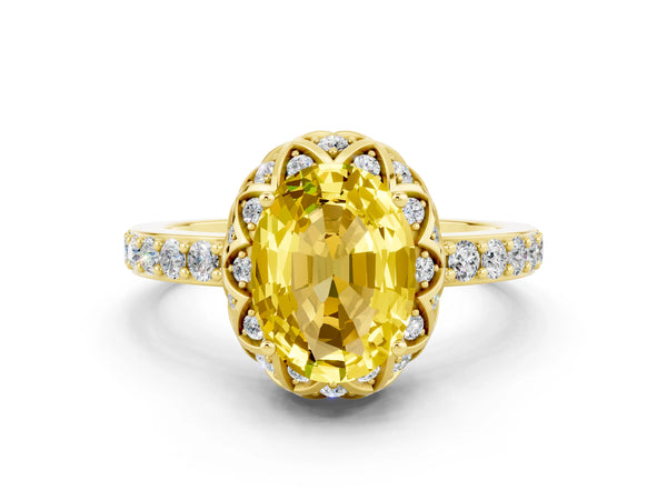 Yellow gold Oval Cut Yellow Sapphire Scalloped Halo Engagement Ring with Round Shared Prong Band