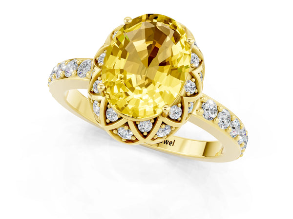 Yellow gold Oval Cut Yellow Sapphire Scalloped Halo Engagement Ring with Round Shared Prong Band