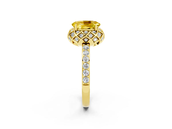 Yellow gold Oval Cut Yellow Sapphire Scalloped Halo Engagement Ring with Round Shared Prong Band