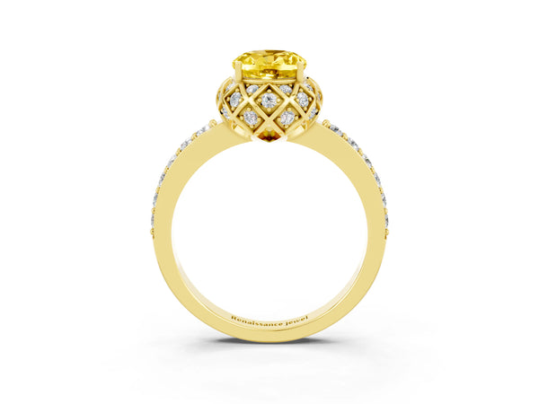 Yellow gold Oval Cut Yellow Sapphire Scalloped Halo Engagement Ring with Round Shared Prong Band