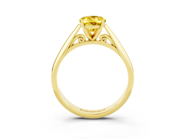 Yellow gold Oval Cut Yellow Sapphire Solitaire Engagement Ring with Cathedral Setting and Four-Prong Mount