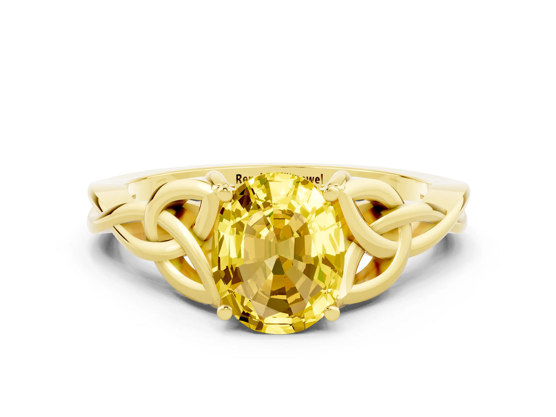 Yellow gold Oval Cut Yellow Sapphire Solitaire Engagement Ring with Celtic Knot Band and Four-Prong Setting_24
