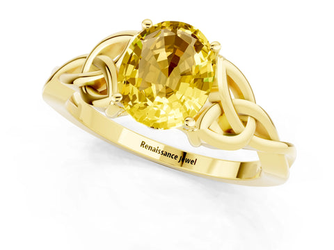 Yellow gold Oval Cut Yellow Sapphire Solitaire Engagement Ring with Celtic Knot Band and Four-Prong Setting_25