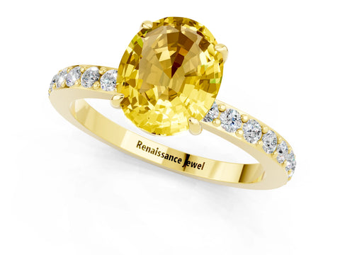Yellow gold Oval Cut Yellow Sapphire Solitaire Engagement Ring with Pavé Band and Four-Prong Setting_37