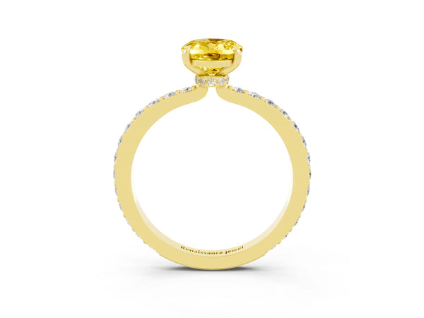 Yellow gold Oval Cut Yellow Sapphire Solitaire Engagement Ring with Pavé Band and Four-Prong Setting