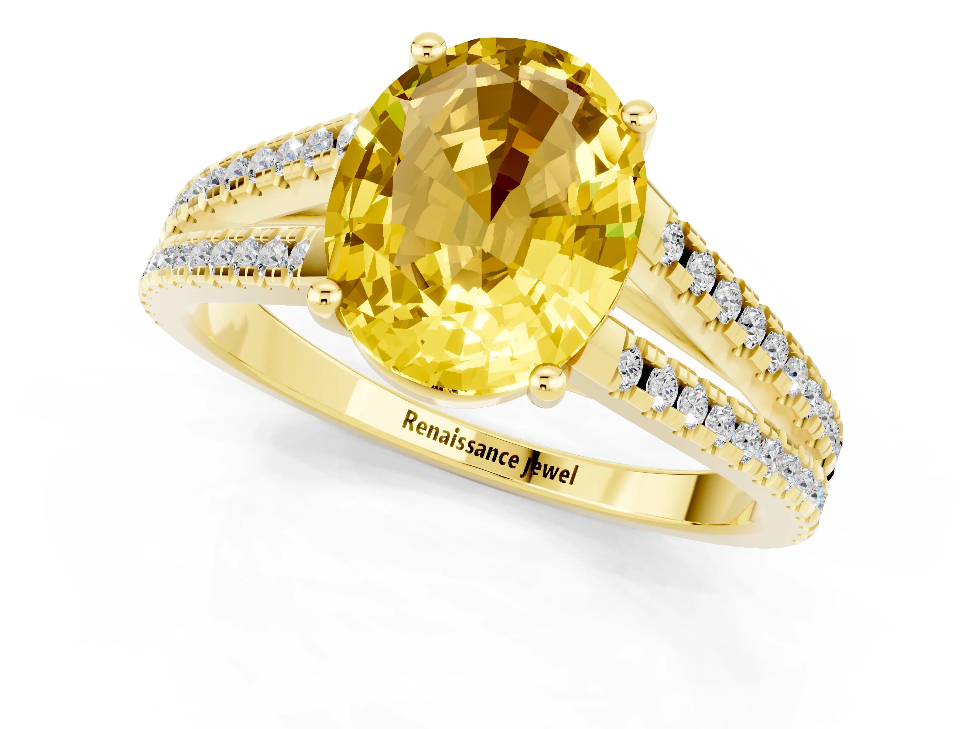 Yellow gold Oval Cut Yellow Sapphire Solitaire Engagement Ring with Split Shank Pavé Band_13