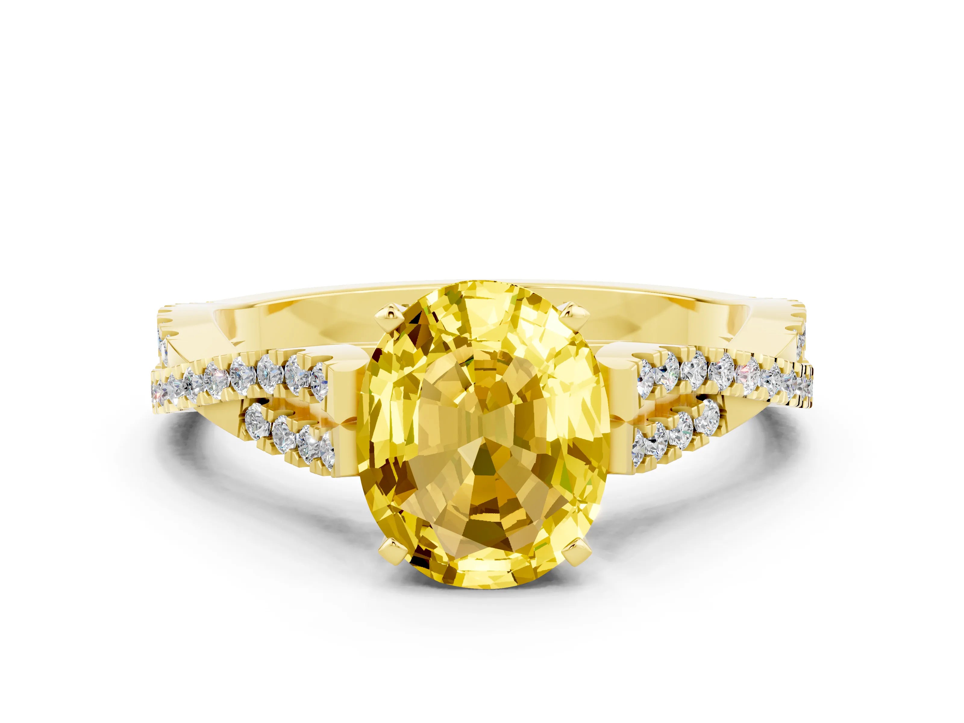 Yellow gold Oval Cut Yellow Sapphire Solitaire Engagement Ring with Twisted Pavé Band and Four-Prong Setting_12