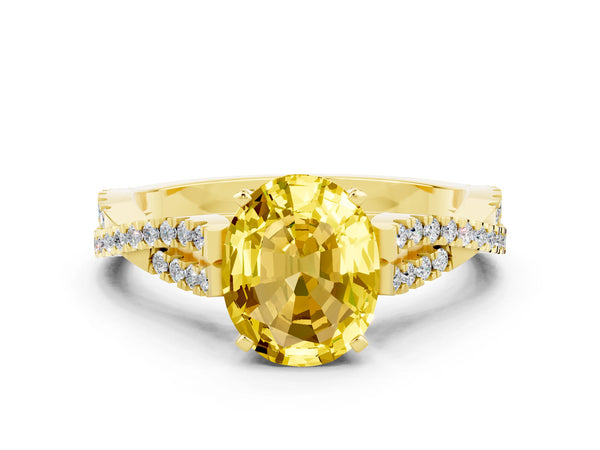 Yellow gold Oval Cut Yellow Sapphire Solitaire Engagement Ring with Twisted Pavé Band and Four-Prong Setting
