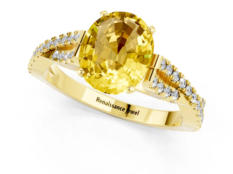 Yellow gold Oval Cut Yellow Sapphire Solitaire Engagement Ring with Twisted Pavé Band and Four-Prong Setting_13