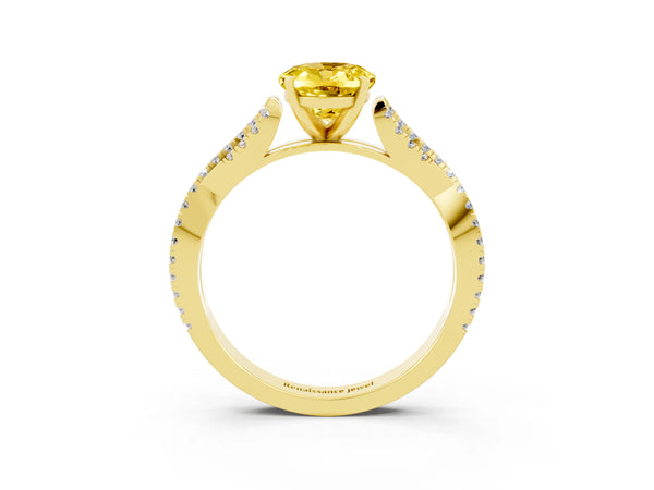 Yellow gold Oval Cut Yellow Sapphire Solitaire Engagement Ring with Twisted Pavé Band and Four-Prong Setting
