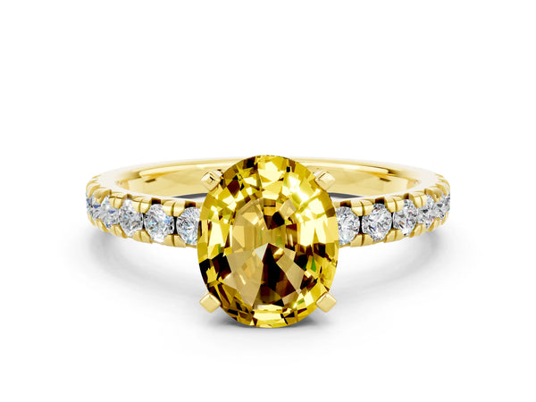 Yellow gold Oval Cut Yellow Sapphire Solitaire Pavé Engagement Ring with Round Band and Prong Setting