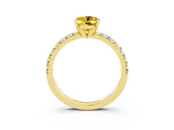 Yellow gold Oval Cut Yellow Sapphire Solitaire Pavé Engagement Ring with Round Band and Prong Setting