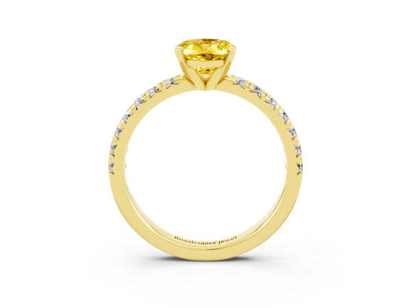 Yellow gold Oval Cut Yellow Sapphire Solitaire Pavé Engagement Ring with Round Band and Prong Setting