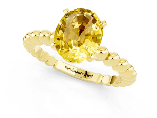 Yellow gold Oval Cut Yellow Sapphire Solitaire Ring with Beaded Band and Prong Setting