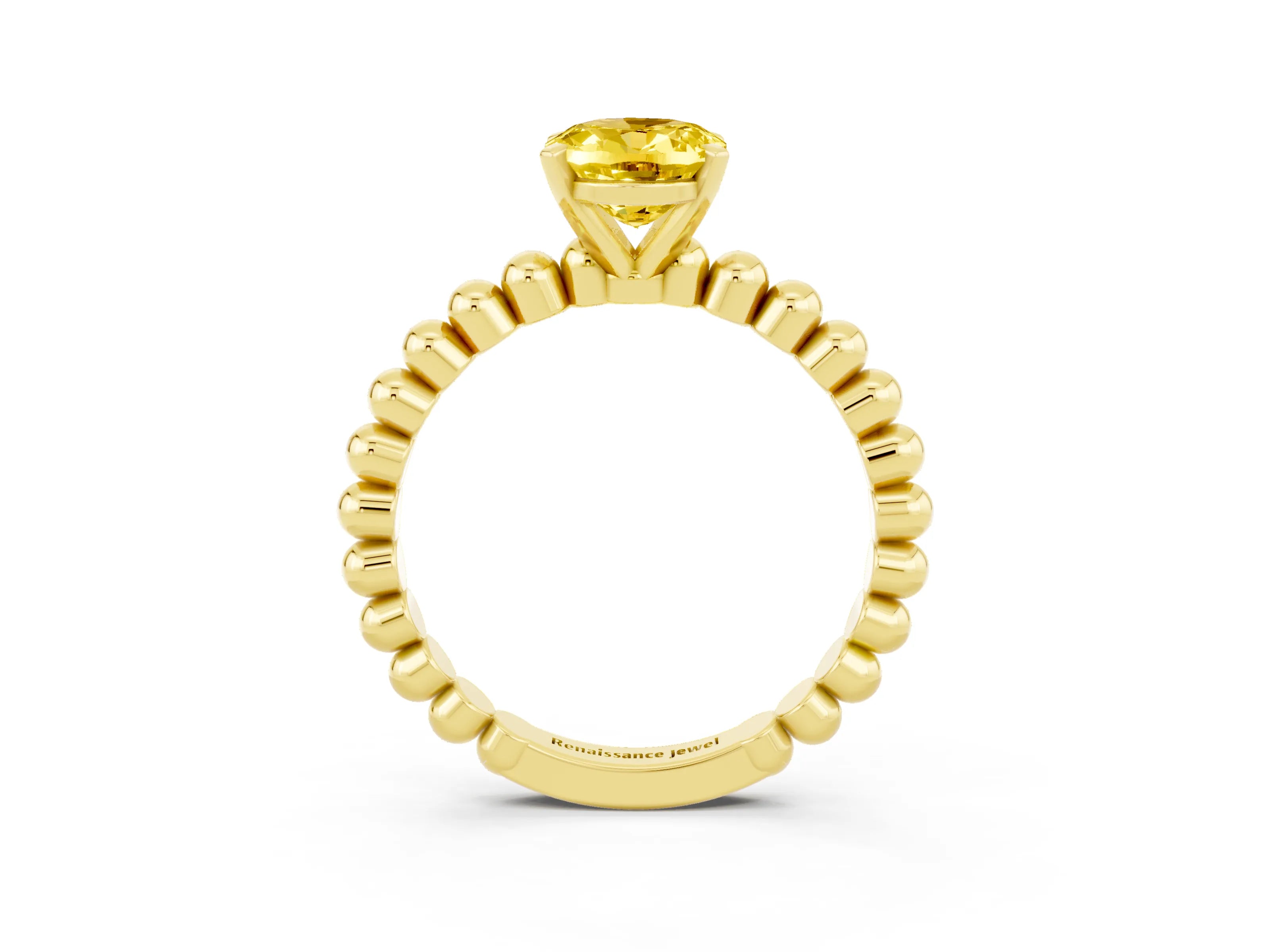 Yellow gold Oval Cut Yellow Sapphire Solitaire Ring with Beaded Band and Prong Setting_3