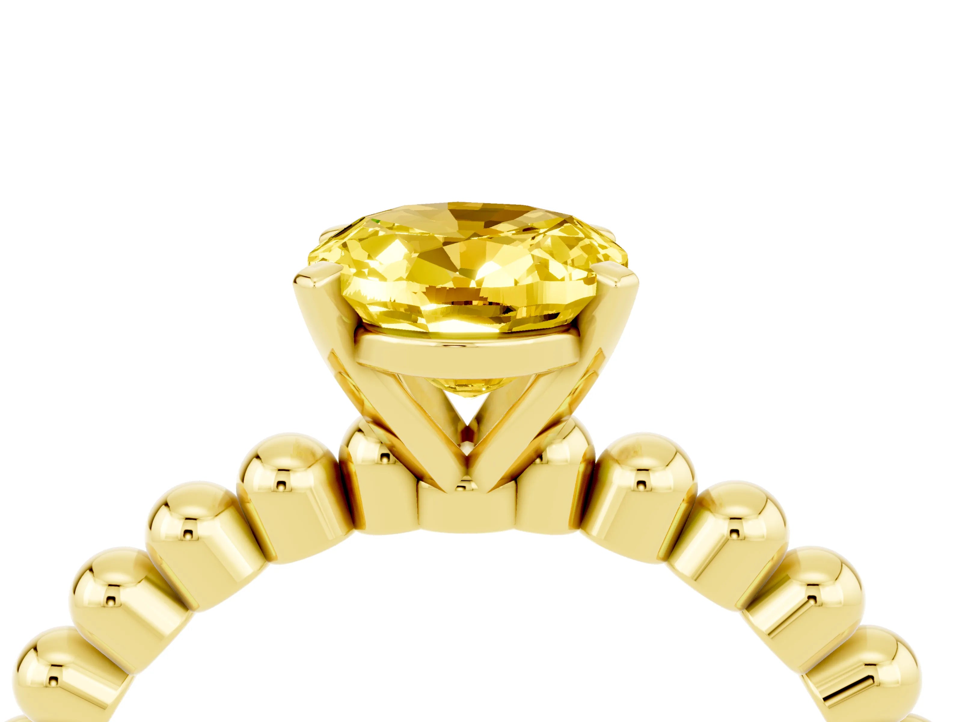 Yellow gold Oval Cut Yellow Sapphire Solitaire Ring with Beaded Band and Prong Setting_4
