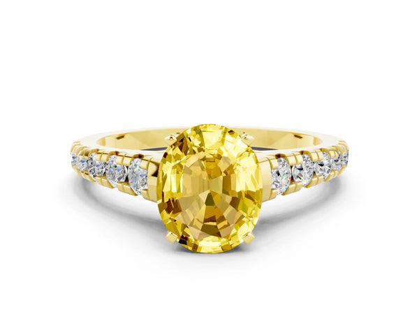 Yellow gold Oval Cut Yellow Sapphire Cathedral Solitaire Ring with Round  Pavé Band